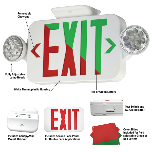 Compass LED Exit Sign/Emergency Light Combo, Red/Green, Remote Capacity, CCRGRC CCRGRC